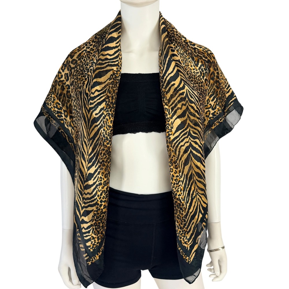Vintage Animal Print Square Scarf Leopard Zebra Mixed Pattern Sheer Brown Black